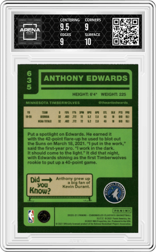 Anthony Edwards from the 2020-21 Panini Chronicles set graded by Arena Club and given an overall grade of 9.5.