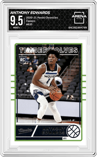 Anthony Edwards from the 2020-21 Panini Chronicles set graded by Arena Club and given an overall grade of 9.5.