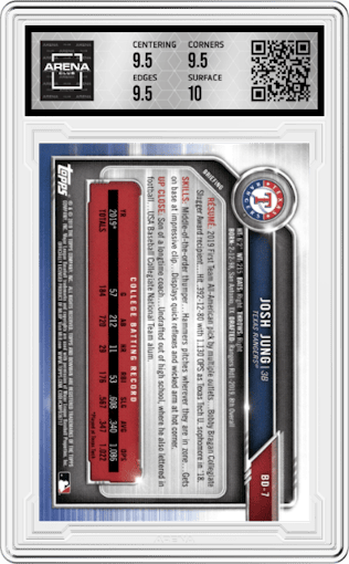 Josh Jung from the 2019 Bowman Draft set graded by Arena Club and given an overall grade of 10.