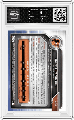 Adley Rutschman from the 2019 Bowman Draft set featuring a Sky Blue parallel graded by Arena Club and given an overall grade of 9.5.