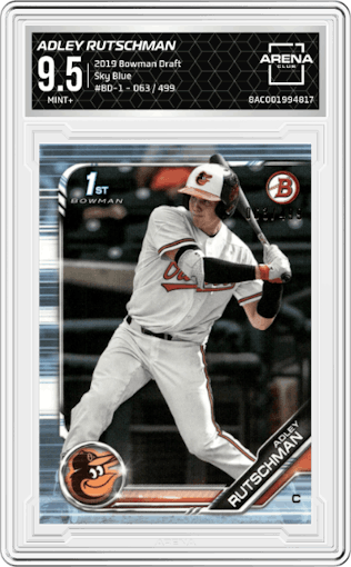 Adley Rutschman from the 2019 Bowman Draft set featuring a Sky Blue parallel graded by Arena Club and given an overall grade of 9.5.