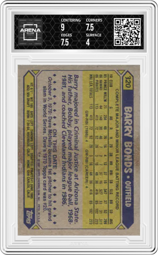Barry Bonds from the 1987 Topps set graded by Arena Club and given an overall grade of 4.5.