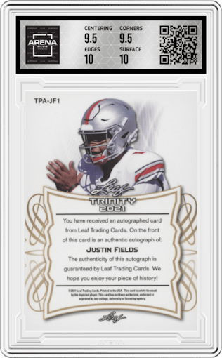 Justin Fields from the 2021 Leaf Trinity set featuring a Silver Spectrum Holofoil parallel graded by Arena Club and given an overall grade of 10.