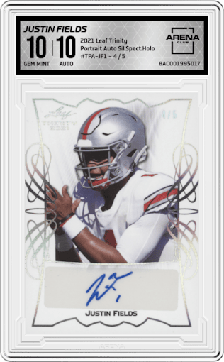 Justin Fields from the 2021 Leaf Trinity set featuring a Silver Spectrum Holofoil parallel graded by Arena Club and given an overall grade of 10.