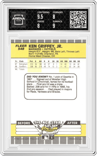 Ken Griffey Jr. from the 1989 Fleer set graded by Arena Club and given an overall grade of 8.5.