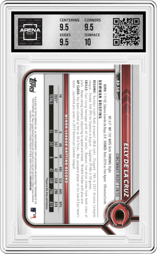 Elly De La Cruz from the 2022 Bowman set graded by Arena Club and given an overall grade of 10.