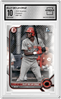 Elly De La Cruz from the 2022 Bowman set graded by Arena Club and given an overall grade of 10.