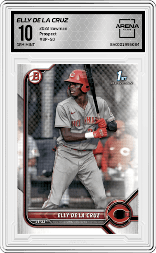 Elly De La Cruz from the 2022 Bowman set graded by Arena Club and given an overall grade of 10.