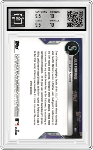Julio Rodriguez from the 2022 Topps Now set graded by Arena Club and given an overall grade of 10.