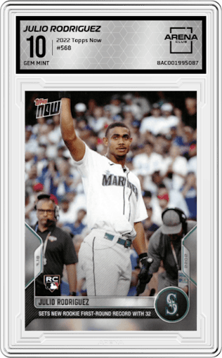 Julio Rodriguez from the 2022 Topps Now set graded by Arena Club and given an overall grade of 10.