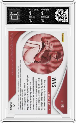Josiah Gray from the 2022 Panini Absolute set graded by Arena Club and given an overall grade of 9.5.