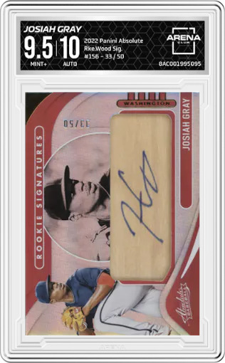 Josiah Gray from the 2022 Panini Absolute set graded by Arena Club and given an overall grade of 9.5.