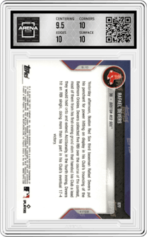 Rafael Devers from the 2022 Topps Now set featuring a Blue parallel graded by Arena Club and given an overall grade of 10.