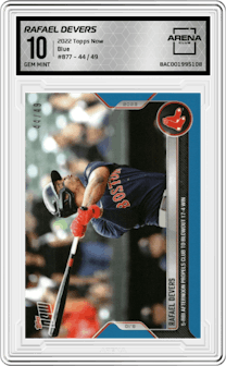 Rafael Devers from the 2022 Topps Now set featuring a Blue parallel graded by Arena Club and given an overall grade of 10.