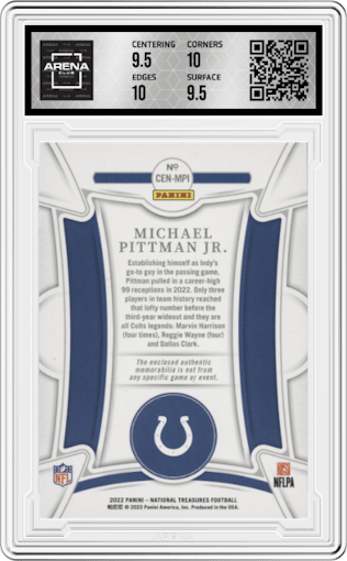 Michael Pittman Jr. from the 2022 Panini National Treasures set graded by Arena Club and given an overall grade of 10.