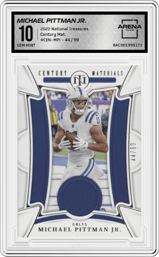 Michael Pittman Jr. from the 2022 Panini National Treasures set graded by Arena Club and given an overall grade of 10.