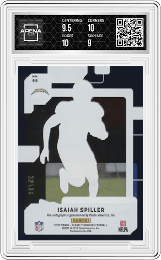 Isaiah Spiller from the 2022 Clearly Donruss set featuring a Blue parallel graded by Arena Club and given an overall grade of 9.5.