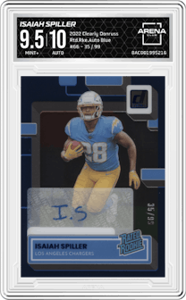 Isaiah Spiller from the 2022 Clearly Donruss set featuring a Blue parallel graded by Arena Club and given an overall grade of 9.5.