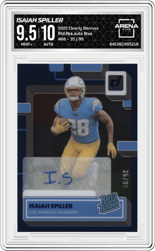 Isaiah Spiller from the 2022 Clearly Donruss set featuring a Blue parallel graded by Arena Club and given an overall grade of 9.5.