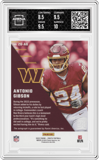 Antonio Gibson from the 2022 Panini Zenith set featuring a Spokes parallel graded by Arena Club and given an overall grade of 9.