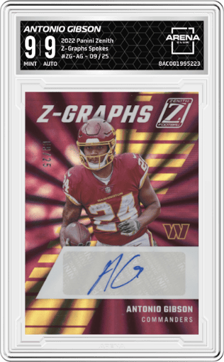 Antonio Gibson from the 2022 Panini Zenith set featuring a Spokes parallel graded by Arena Club and given an overall grade of 9.