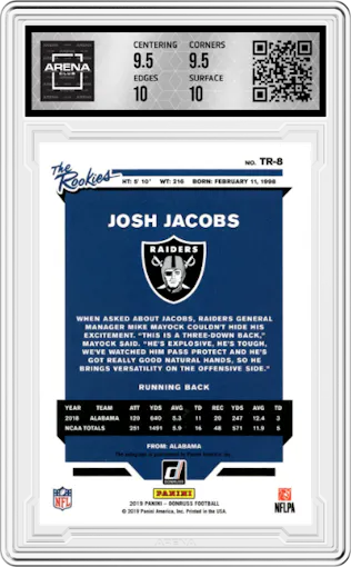 Josh Jacobs from the 2019 Panini Donruss set graded by Arena Club and given an overall grade of 10.
