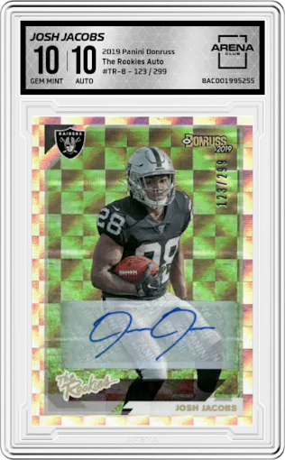 Josh Jacobs from the 2019 Panini Donruss set graded by Arena Club and given an overall grade of 10.