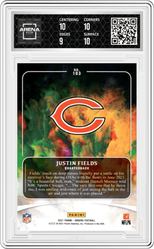 Justin Fields from the 2021 Panini Origins set graded by Arena Club and given an overall grade of 9.5.