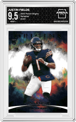 Justin Fields from the 2021 Panini Origins set graded by Arena Club and given an overall grade of 9.5.