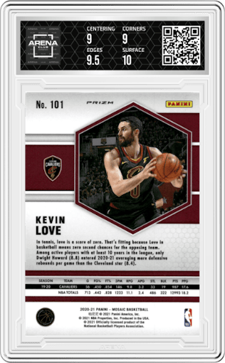 Kevin Love from the 2020-21 Panini Mosaic set featuring a Genesis  parallel graded by Arena Club and given an overall grade of 9.5.