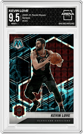 Kevin Love from the 2020-21 Panini Mosaic set featuring a Genesis  parallel graded by Arena Club and given an overall grade of 9.5.