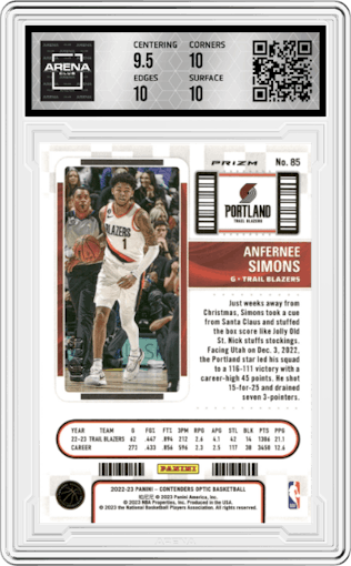 Anfernee Simons from the 2022-23 Panini Contenders Optic set featuring a Gold parallel graded by Arena Club and given an overall grade of 10.