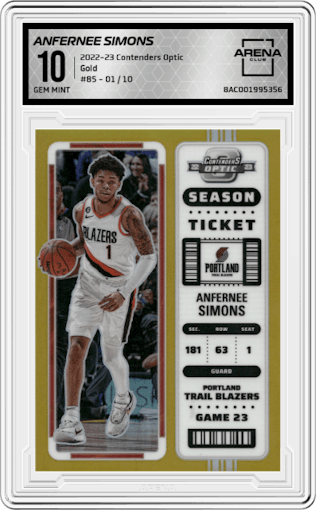 Anfernee Simons from the 2022-23 Panini Contenders Optic set featuring a Gold parallel graded by Arena Club and given an overall grade of 10.