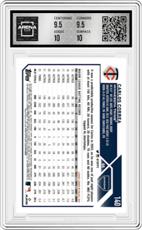 Carlos Correa from the 2023 Topps Chrome set featuring a Sub-Zero FrozenFractor parallel graded by Arena Club and given an overall grade of 10.