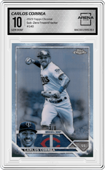 Carlos Correa from the 2023 Topps Chrome set featuring a Sub-Zero FrozenFractor parallel graded by Arena Club and given an overall grade of 10.
