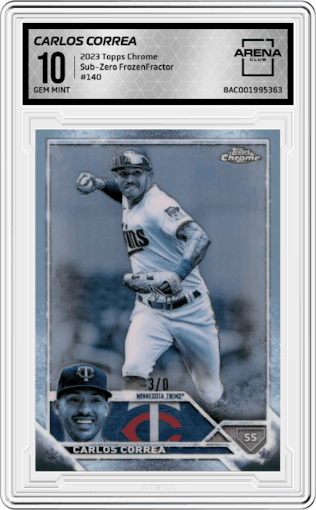 Carlos Correa from the 2023 Topps Chrome set featuring a Sub-Zero FrozenFractor parallel graded by Arena Club and given an overall grade of 10.