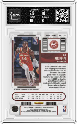 AJ Griffin from the 2022-23 Panini Contenders Optic set featuring a Red parallel graded by Arena Club and given an overall grade of 9.