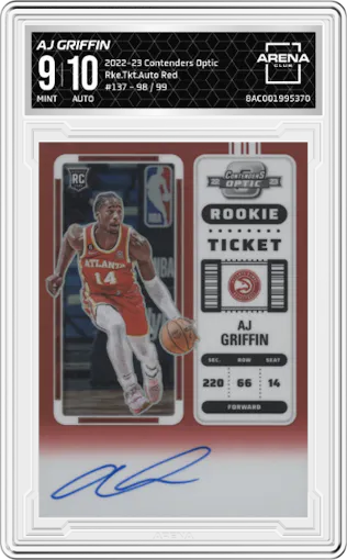 AJ Griffin from the 2022-23 Panini Contenders Optic set featuring a Red parallel graded by Arena Club and given an overall grade of 9.