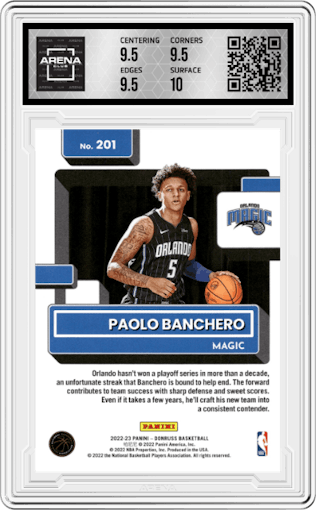Paolo Banchero from the 2022-23 Panini Donruss set featuring a Press Proof Purple parallel graded by Arena Club and given an overall grade of 10.