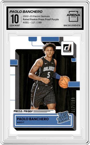 Paolo Banchero from the 2022-23 Panini Donruss set featuring a Press Proof Purple parallel graded by Arena Club and given an overall grade of 10.
