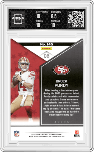 Brock Purdy from the 2022 Panini Rookies & Stars set featuring a True Blue parallel graded by Arena Club and given an overall grade of 9.