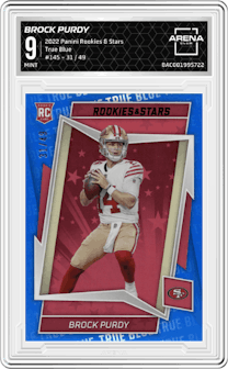 Brock Purdy from the 2022 Panini Rookies & Stars set featuring a True Blue parallel graded by Arena Club and given an overall grade of 9.