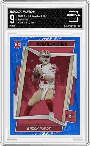 Brock Purdy from the 2022 Panini Rookies & Stars set featuring a True Blue parallel graded by Arena Club and given an overall grade of 9.