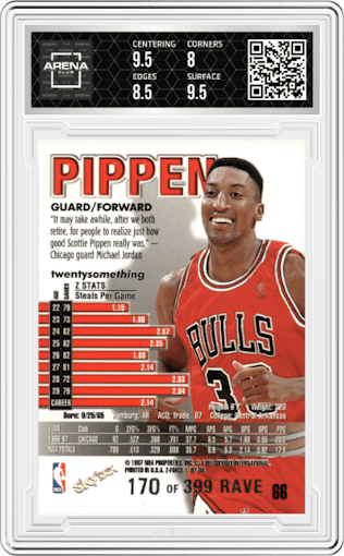 Scottie Pippen  from the 1997-98 Skybox Z-Force set featuring a  Rave parallel graded by Arena Club and given an overall grade of 8.5.