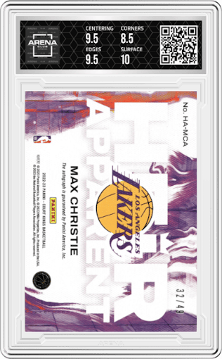 Max Christie from the 2022-23 Panini Court Kings set featuring a Violet parallel graded by Arena Club and given an overall grade of 9.