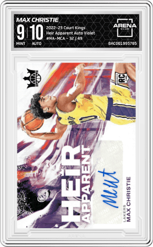 Max Christie from the 2022-23 Panini Court Kings set featuring a Violet parallel graded by Arena Club and given an overall grade of 9.