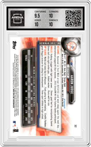 Aaron Judge from the 2017 Bowman set graded by Arena Club and given an overall grade of 10.