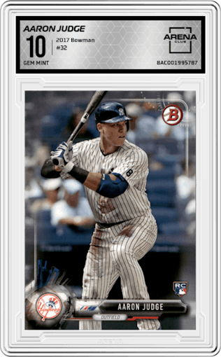 Aaron Judge from the 2017 Bowman set graded by Arena Club and given an overall grade of 10.