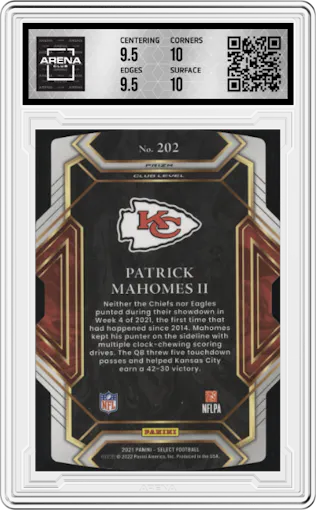 Patrick Mahomes II  from the 2021 Panini Select set featuring a Die-Cut Red/Blue  parallel graded by Arena Club and given an overall grade of 10.