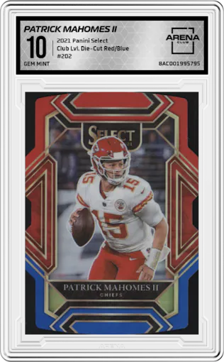 Patrick Mahomes II  from the 2021 Panini Select set featuring a Die-Cut Red/Blue  parallel graded by Arena Club and given an overall grade of 10.
